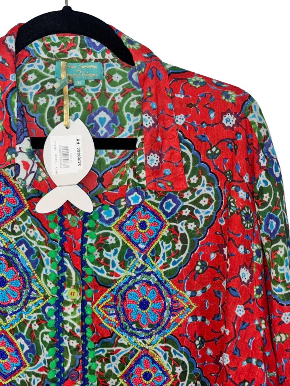 Antica Sartoria Red Beaded Boho Print Blouse - Size XL - New with Tags